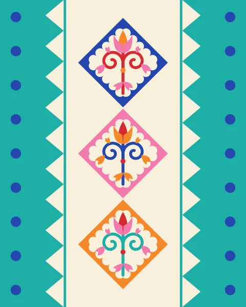 A row of diamonds with scrolling arabesque stems runs through a cream band on a turquoise ground, edged with sawtooth and dots.