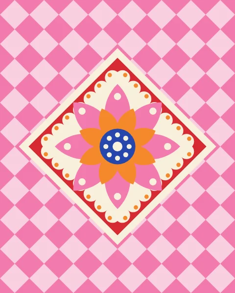 A layered rosette diamond on a bubblegum and blush harlequin ground, with small rosette diamonds along the length.