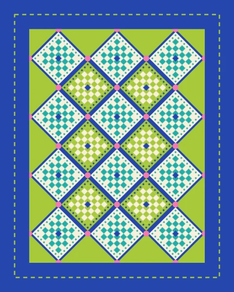 Diamonds of fine lime and cream checks with a cobalt centre, set on a cobalt lattice.