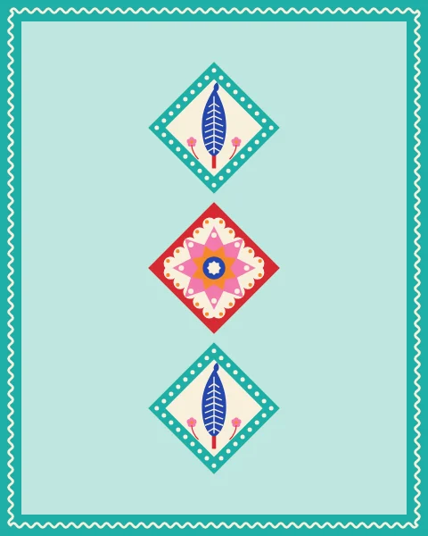 An eight-point star diamond between cypress diamonds, set in a single line on a soft mint ground inside a turquoise border.
