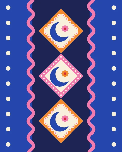 A row of crescent diamonds on a cobalt ground, mirrored from the centre outward, between pink rickrack and cream dots.