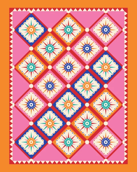 Radiating sun rosettes fill large diamonds set in red strips, with cream dots where the strips meet, bound in tangerine.