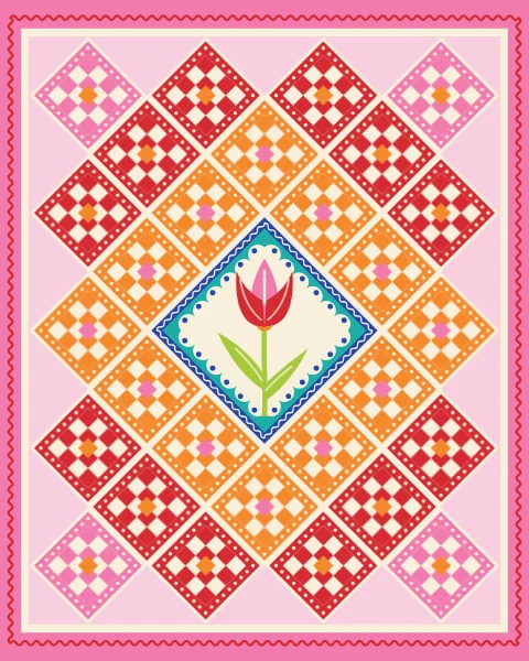 A large tulip diamond at the centre of a quilt of small checked diamonds in pink, tangerine and cream.