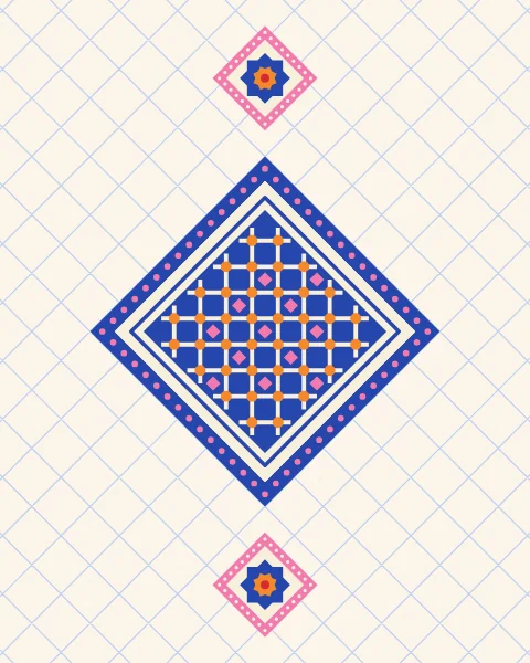 A single diamond holds a fine square lattice with tiny flowers in its openings, on a pale ground ruled with a faint blue diagonal grid.