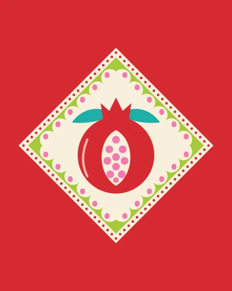 A single pomegranate, split to show its seeds, in a large scalloped diamond on a red ground, with flower diamonds along the length.