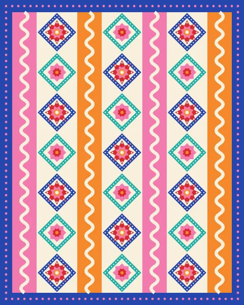 Cream strips of star diamonds alternate with bubblegum and tangerine stripes trimmed with rickrack.