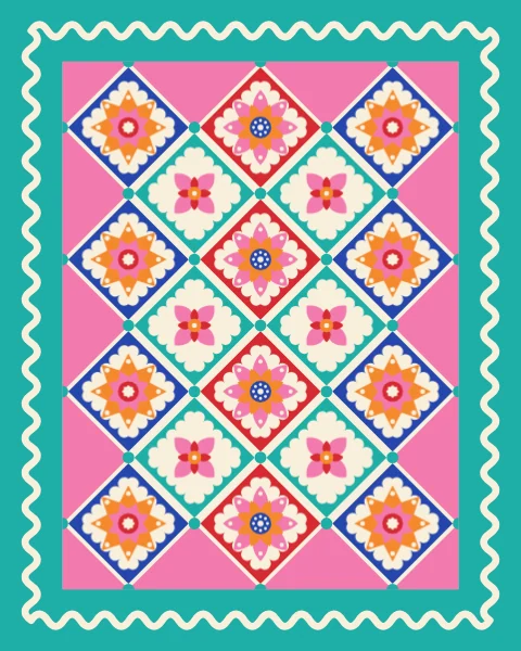 A mirrored quilt with a column of rosettes down the middle, flowers and stars either side and cypresses at the edges.