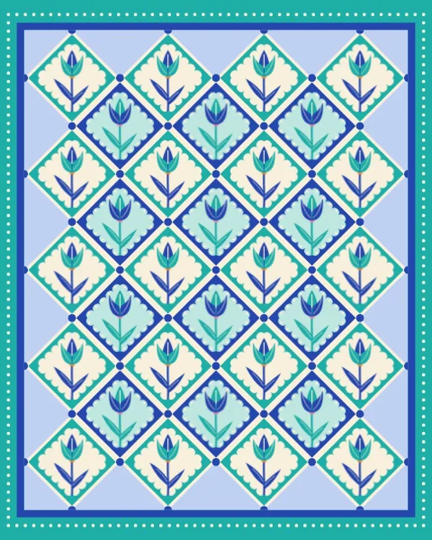 Cobalt and turquoise tulips in mint and cream diamonds, set on a cream lattice inside a turquoise border.
