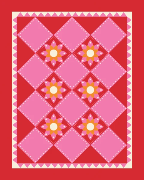 Red diamonds with rosettes alternate with bubblegum diamonds dotted in cream, a tight harlequin inside a red and cream border.