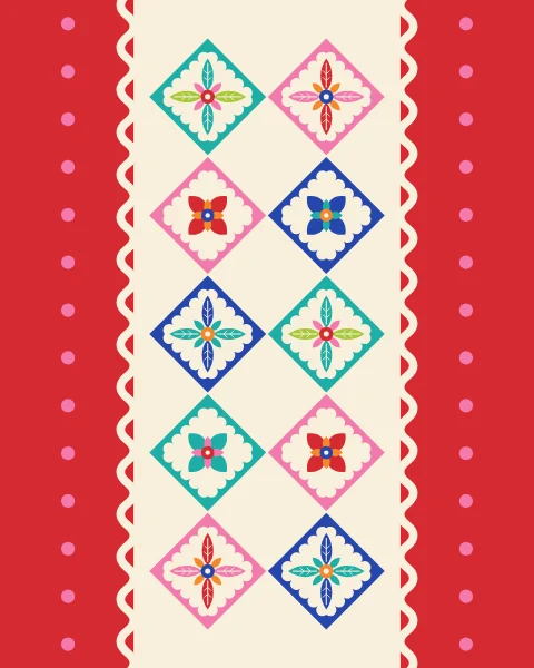 Two rows of saz leaf and bud diamonds run through a cream band on a red ground, edged with cream rickrack.