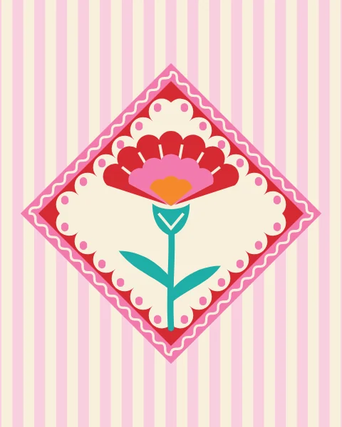 One large carnation fills a scalloped diamond on blush and cream stripes, with smaller carnation diamonds along the length.