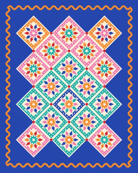 Ten-point girih rosettes in rings of turquoise, bubblegum and tangerine diamonds, set on a cream lattice inside a cobalt border.