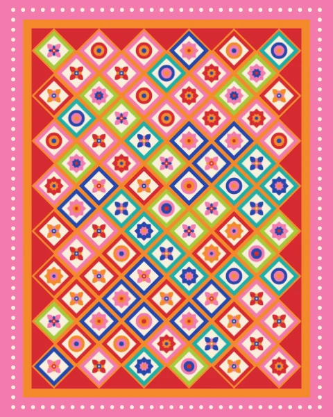 A dense quilt of tiny diamonds with buds, stars and dots in every candy colour, set in tangerine strips and bound in pink.