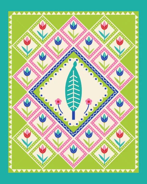A tall cypress in a large central diamond, surrounded by a quilt of small tulip diamonds in lime, turquoise and pink.
