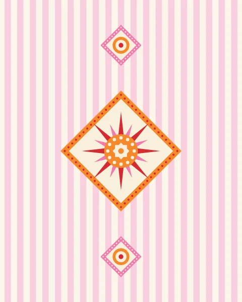A small sun rosette in a dotted diamond rests on a ground of soft blush stripes, with tiny diamonds along the length.