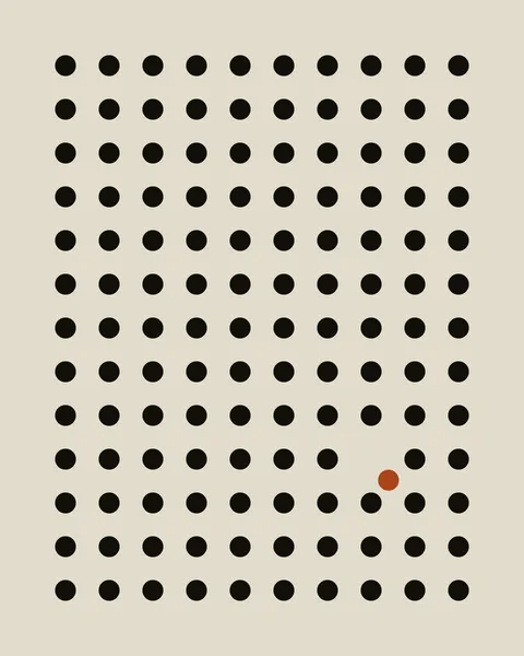 Black dots stand in exact rows on a warm grey ground, and one clay-red dot near the lower right has slipped from its place.