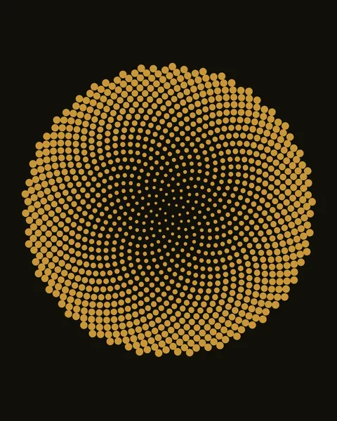 About nine hundred gold dots, each turned 137.5 degrees from the last, fan out from the centre into a large disc on black.