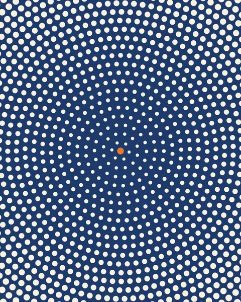 Rings of evenly spaced cream dots grow outward from a small orange centre and run off all four edges of a navy ground, each ring turned slightly from the one inside it and its dots a little fuller.