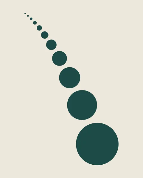 A curving line of eleven teal dots on bone swells from a speck in the upper left to a broad circle at the lower right.