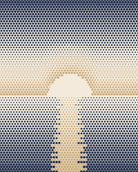 Dots step from dense navy at the top through a sand-flecked dusk to a ring of growing sand dots around a bare cream sun on the horizon. Below it a navy sea carries a path of sand dots, broken into short ripples, that widens as it comes forward.