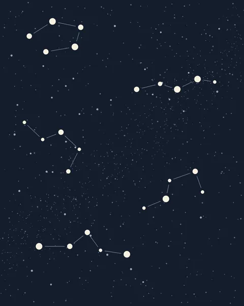Hundreds of tiny grey stars cover a deep blue-black ground, thickening into a faint lane that runs up from the lower left. Five groups of brighter cream stars of different sizes are joined by fine lines that stop just short of each star.