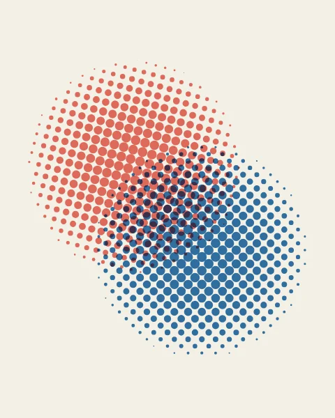 A coral halftone disc at the upper left and a blue one at the lower right overlap on paper; where their dots cross they print a deep violet and a faint moiré appears.