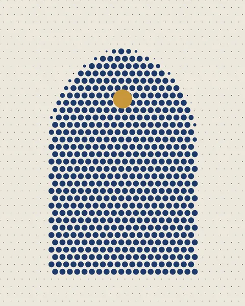 A grid of small indigo dots covers a bone ground. Inside a tall pointed arch the dots grow to almost touching, so the arch reads as solid from across the room and as a screen of dots close up. A single gold dot sits under its point.