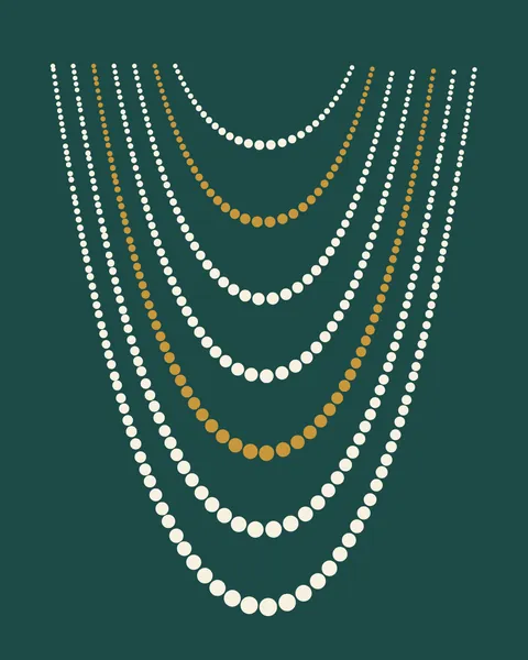 Seven strands of dots hang in nested curves near the top of a teal ground, each one wider and lower than the last. Along every strand the dots grow from small at the ends to largest at the lowest point; two of the strands are gold, the rest cream.