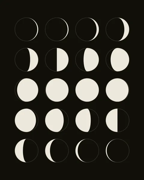 Twenty moons on black, read left to right and down, run through one true cycle: a thin waxing crescent lit on the right grows to a half, a gibbous and a full disc, then wanes on the left to a last sliver.