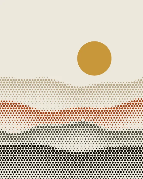 Four rolling ridges fill the lower half of a bone ground, all on one grid of dots that are fullest along each crest and thin out below it. A flat gold sun hangs above the farthest ridge.