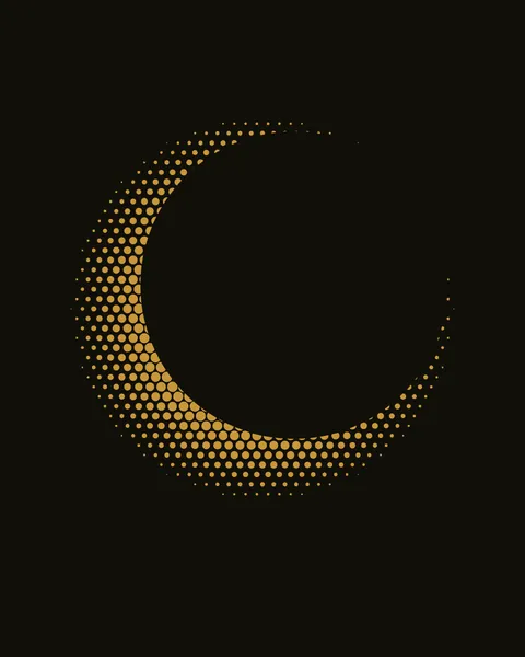 On a black ground, a gold disc built from dots that shrink towards its rim is almost covered by a black disc, leaving a curved gold crescent at the lower left that fades into a halo.