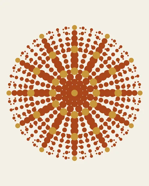Twelve spokes and twelve rings of clay dots, larger where they cross, build a rosette on a cream ground, with twelve overlapping circles of finer dots tracing its petals. Gold dots mark three of the rings at the spokes and a gold disc sits at the centre.