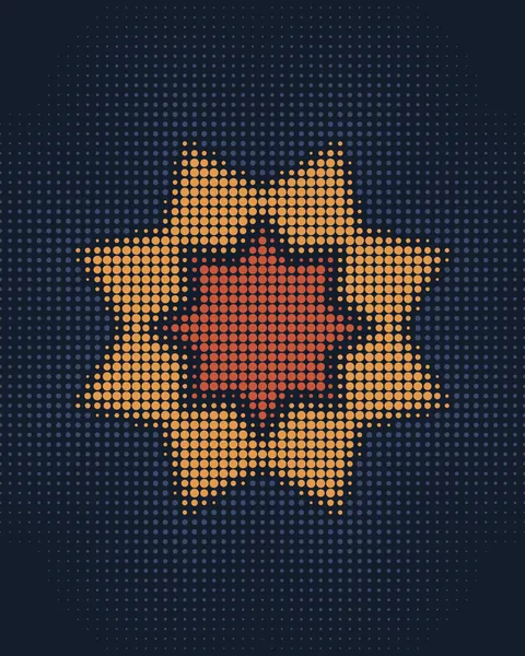 A grid of dots covers a deep navy ground. Inside a large eight-pointed star the dots swell to full apricot, thinning towards its edges; a smaller star at its heart is set in clay, and outside it faint blue dots fade away like a halo.