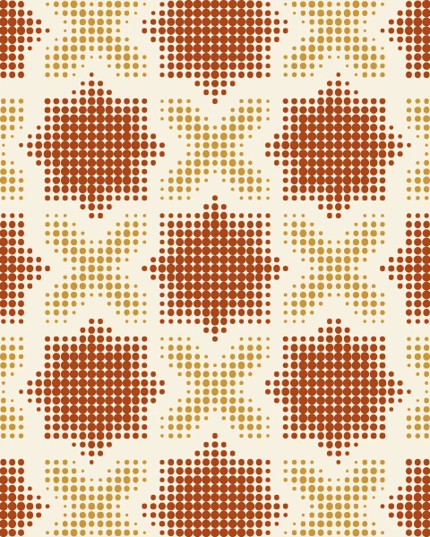A screen of clay and gold dots on cream, sized so that a tiling appears: clay eight-pointed stars set point to point, with gold crosses filling the spaces between them.