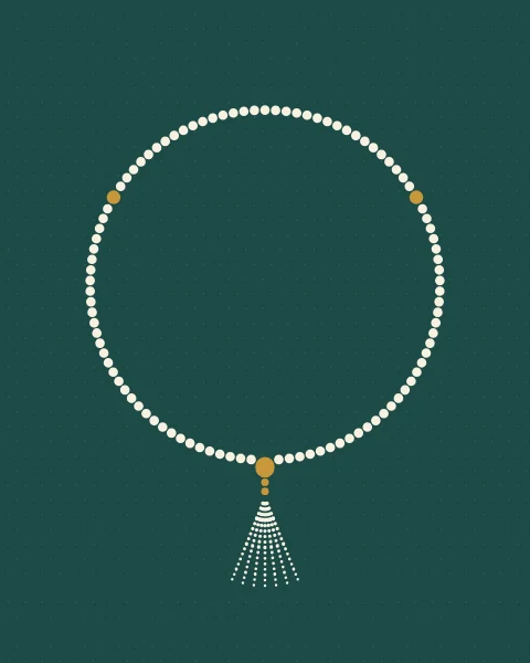 On a deep teal ground screened with faint dots, ninety-nine small cream dots form a single ring, split into three equal runs by two gold dots. Where the ring closes at the bottom a larger gold dot hangs, with a short stem and a fan of fine cream dots below it.