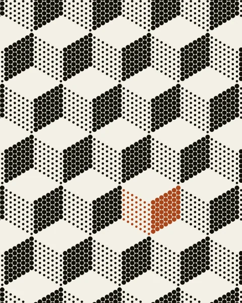 A field of black dots on paper in only two sizes, set out so that rows of cubes stand up from the sheet: the tops are bare paper, the left sides are screened with small dots and the right sides with dots so large they almost touch. One cube in the lower right is printed in clay.