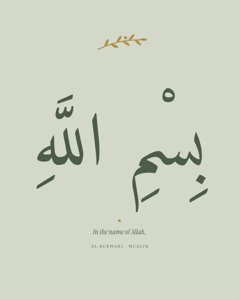 Bismillah in large Naskh on soft sage with a small olive sprig above.