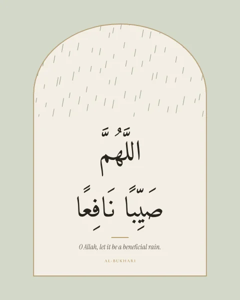 The supplication when rain falls, inside an arched window with fine rain lines in its head.