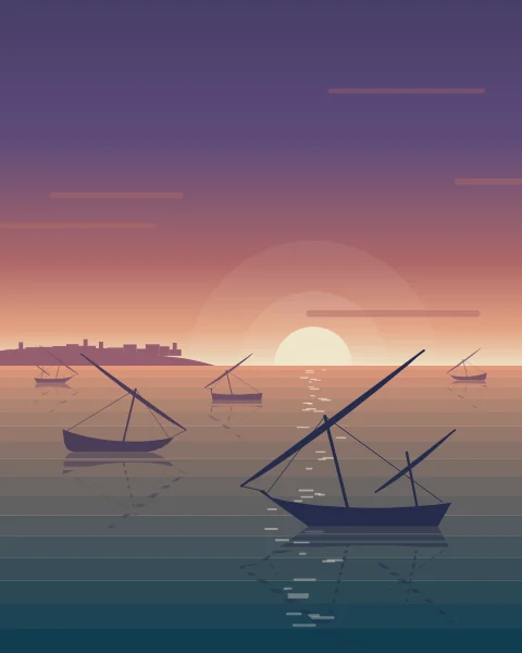 A fleet of dhows rides at anchor with sails furled as the sun rises over a low coastal town.