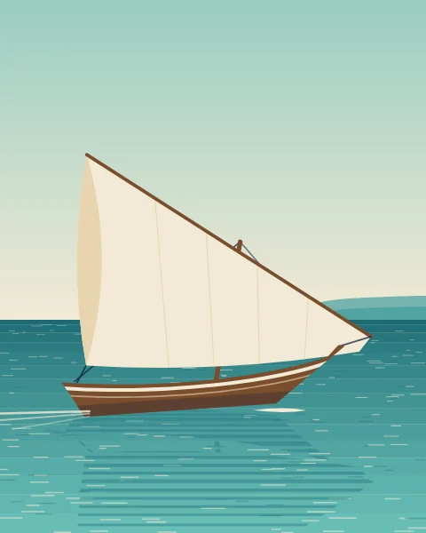 A boom dhow heels a little under a full cream lateen sail on a turquoise sea.