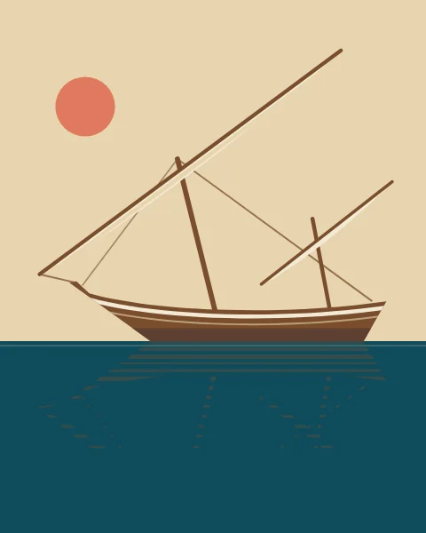 A boom dhow drawn side on, its yard and sail furled, on a band of deep teal under a coral sun.