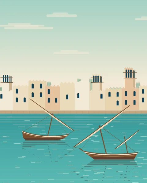 A harbour front of pale coral-stone houses topped with wind towers, with dhows moored in the turquoise water below.