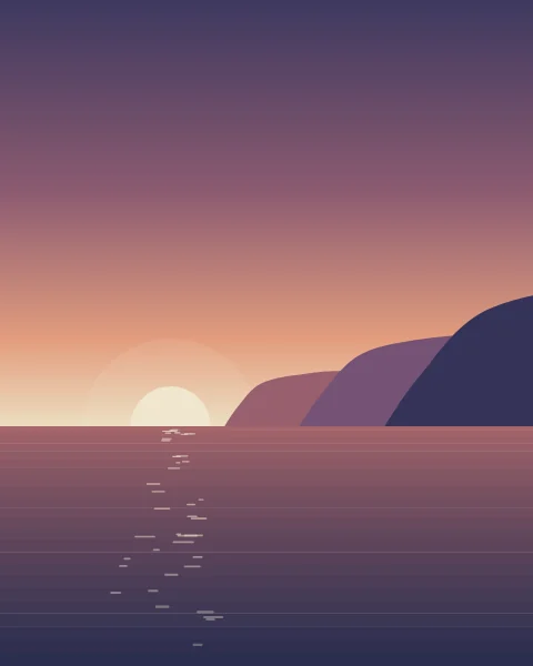 Three layers of headland fade into a violet dusk as the sun sets on a calm sea.