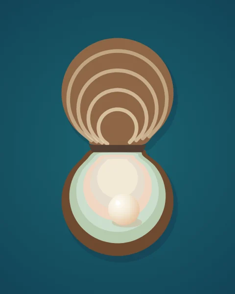 An opened pearl oyster on deep teal, its nacre glowing around a single pearl.