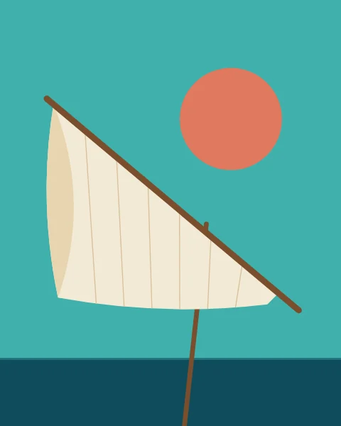 A lateen sail drawn close up as pure shape: yard, seams and a coral sun on turquoise.