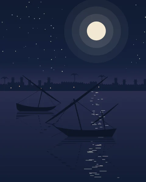 Dhows lie moored on a creek under a full moon, a low town of wind towers and palms along the far bank.