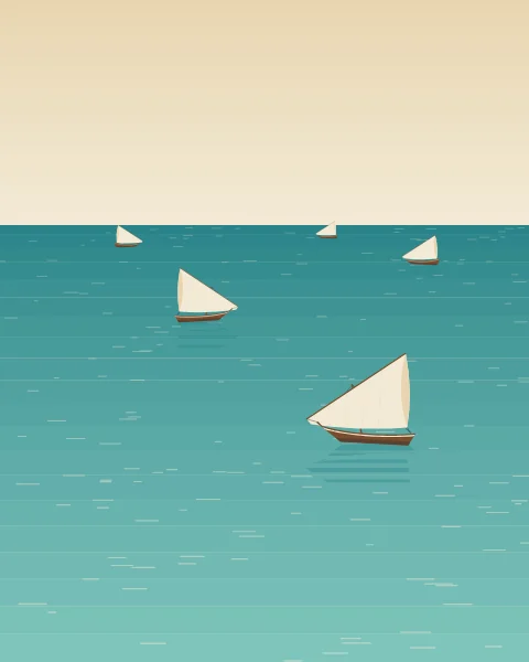 A scattering of small lateen sails across a wide turquoise sea under a pale sky.