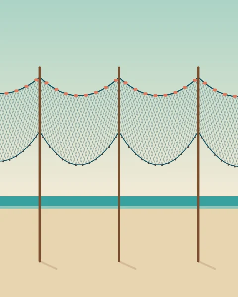 Fishing nets hang in swags between wooden poles above the beach, coral floats along their top lines.