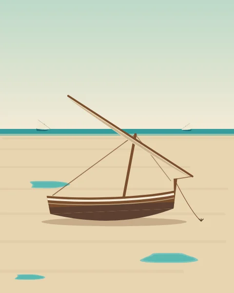 A small jalibut rests on the sand flats at low tide, pools of turquoise left around it and sails far out on the water.