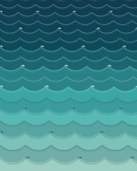Rows of stylised waves move from deep teal to pale turquoise, a few crests curling over.